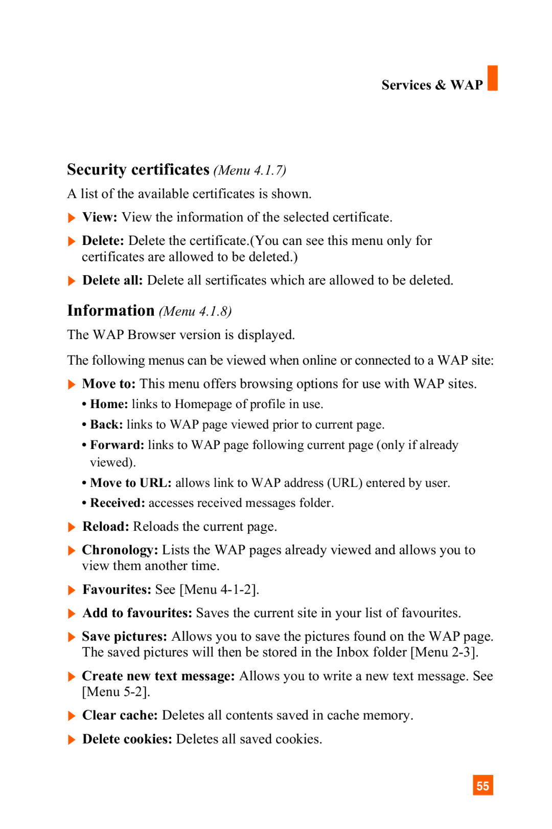 LG Electronics A7150 manual Security certificates Menu, Information Menu 