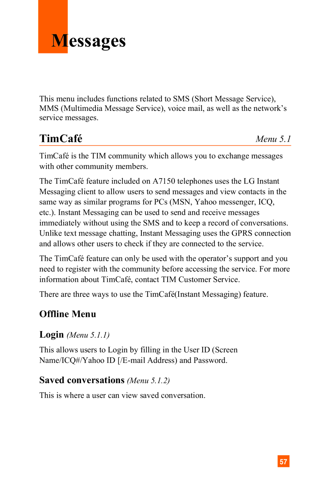 LG Electronics A7150 manual Messages, Offline Menu, Saved conversations Menu, Login Menu 