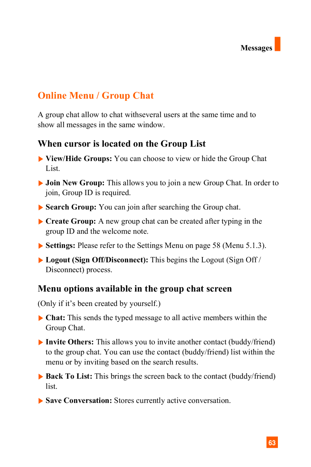 LG Electronics A7150 manual When cursor is located on the Group List, Menu options available in the group chat screen 