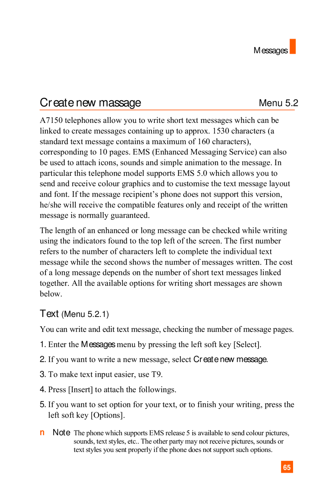 LG Electronics A7150 manual Create new massage, Text Menu 