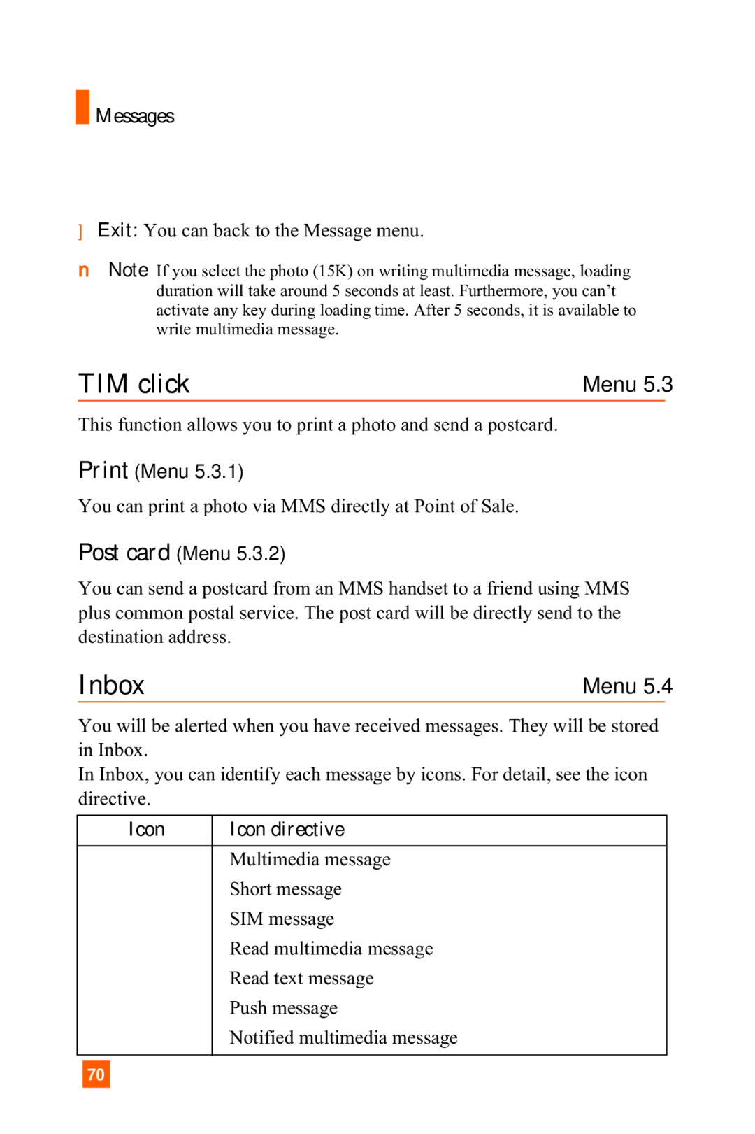 LG Electronics A7150 manual Inbox, Print Menu, Post card Menu, Icon Icon directive 