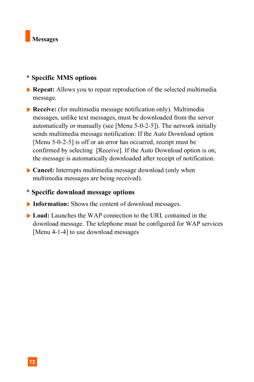LG Electronics A7150 manual Messages Specific MMS options, Specific download message options 