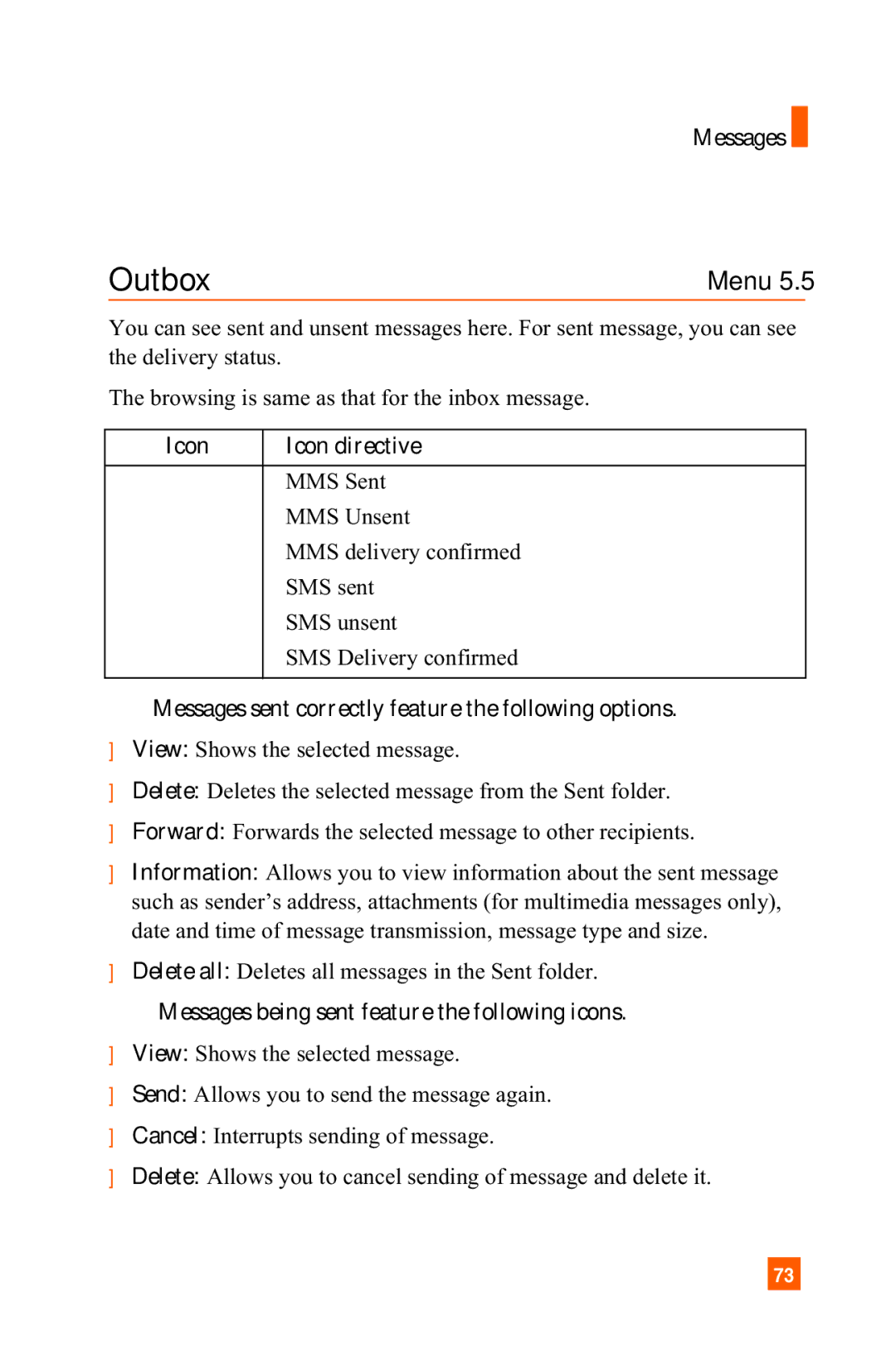 LG Electronics A7150 manual Outbox, Messages sent correctly feature the following options 