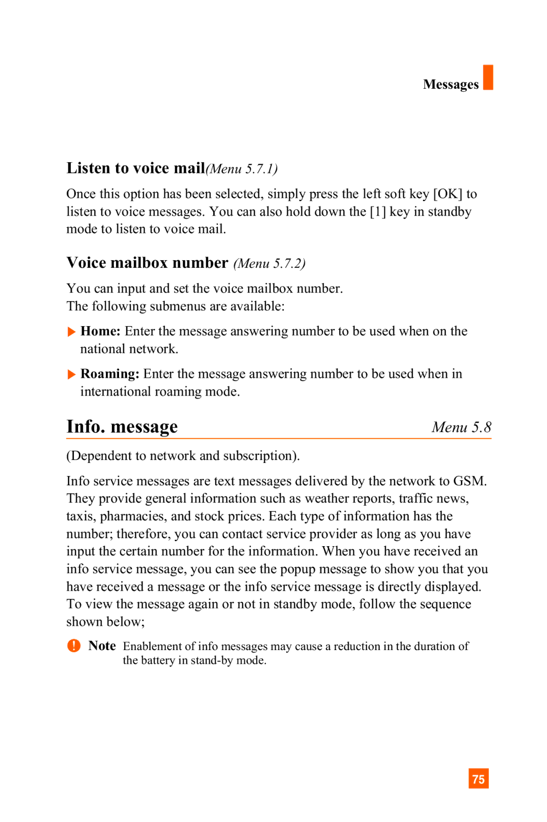 LG Electronics A7150 manual Info. message, Listen to voice mailMenu, Voice mailbox number Menu 