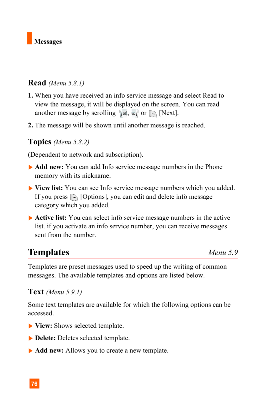 LG Electronics A7150 manual Templates, Read Menu, Topics Menu 