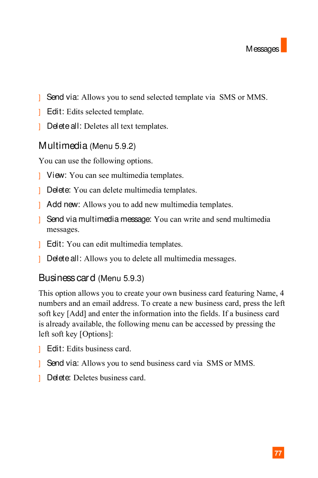 LG Electronics A7150 manual Business card Menu, Multimedia Menu 