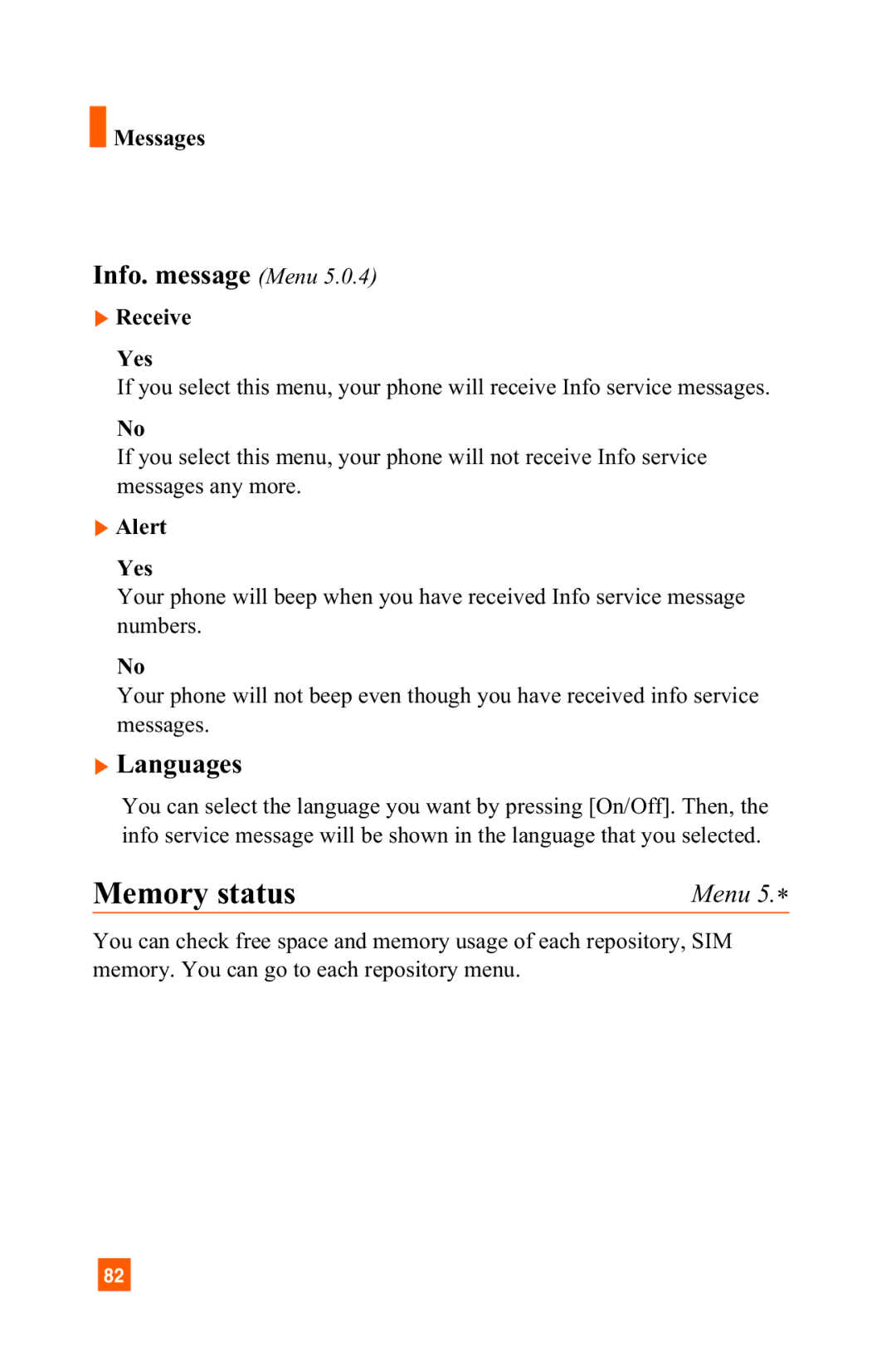 LG Electronics A7150 manual Memory status, Info. message Menu, Languages, Receive Yes, Alert Yes 