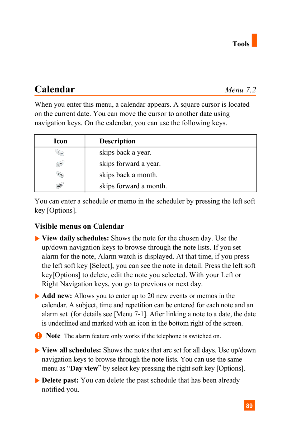 LG Electronics A7150 manual Tools, Visible menus on Calendar 