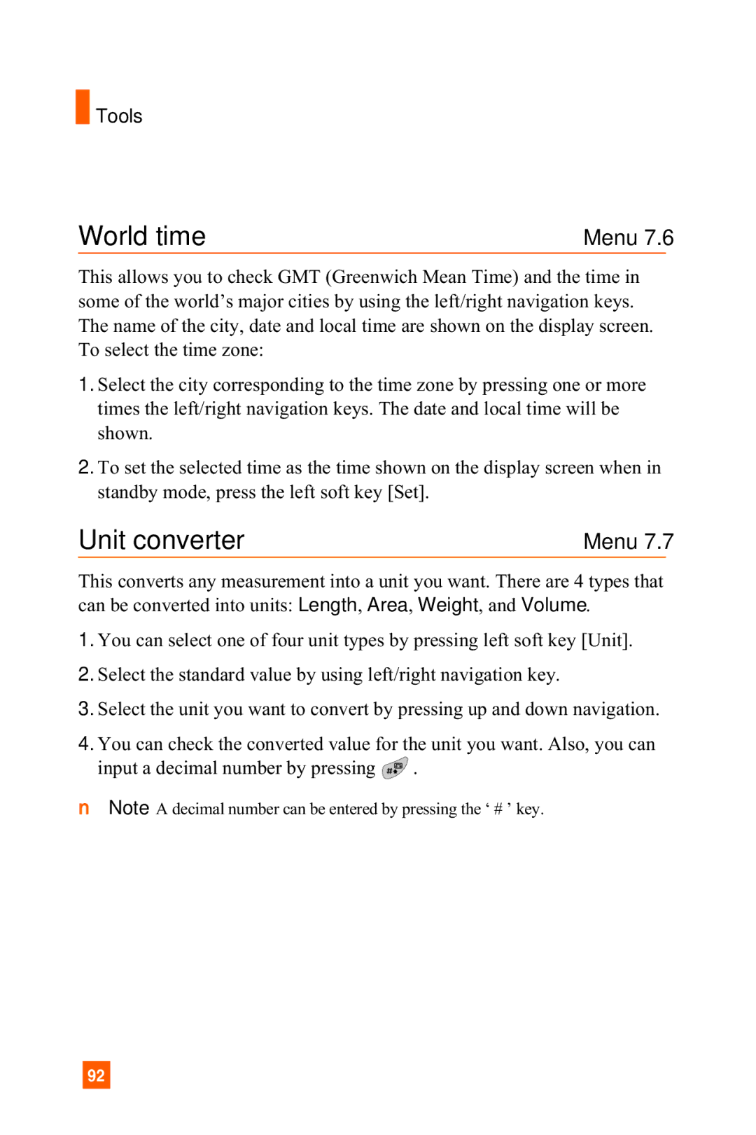 LG Electronics A7150 manual World time, Unit converter 