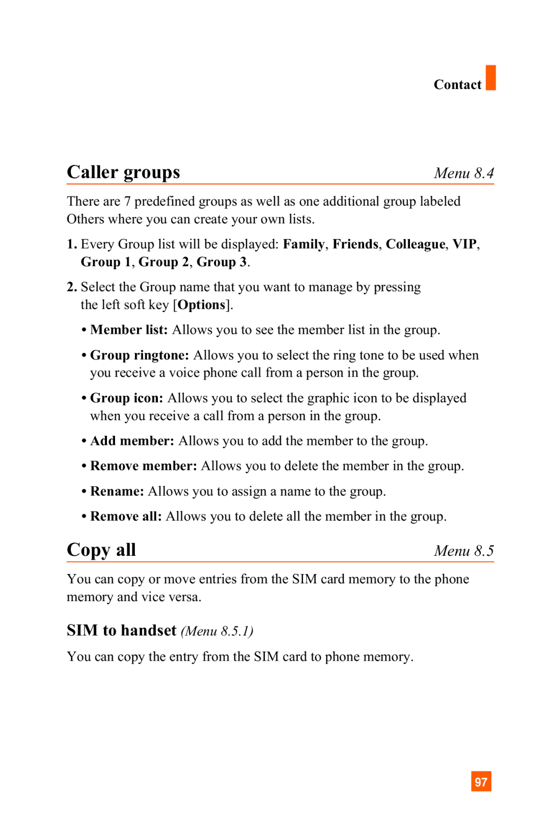 LG Electronics A7150 manual Caller groups, Copy all, SIM to handset Menu 