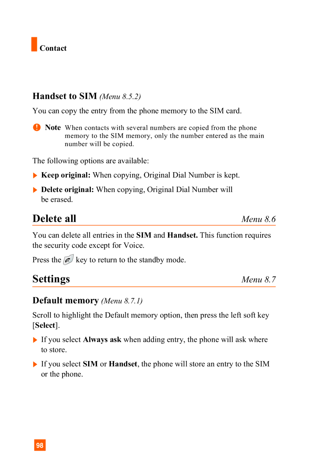 LG Electronics A7150 manual Delete all, Handset to SIM Menu, Default memory Menu 