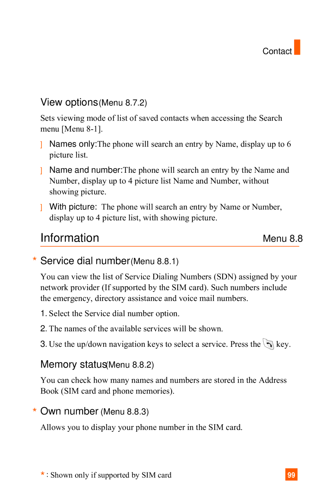 LG Electronics A7150 manual View options Menu, Service dial number Menu, Memory statusMenu, Own number Menu 