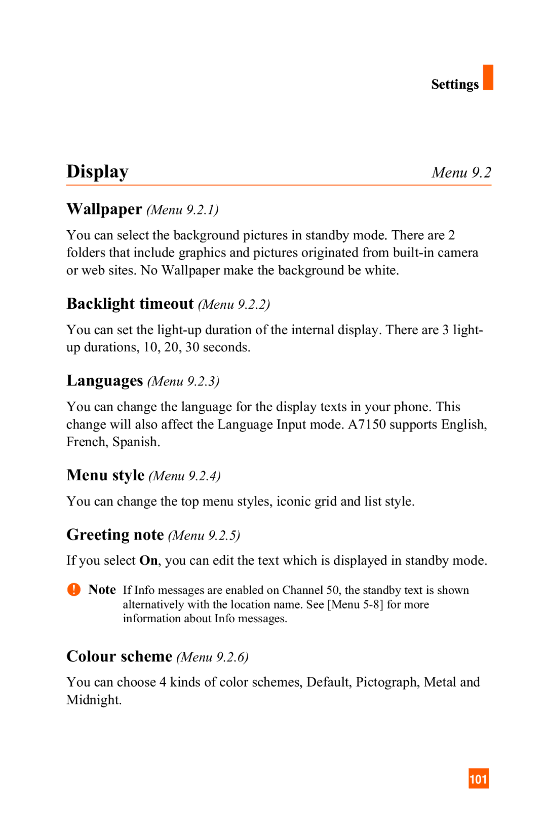 LG Electronics A7150 manual Backlight timeout Menu, Greeting note Menu, Colour scheme Menu 