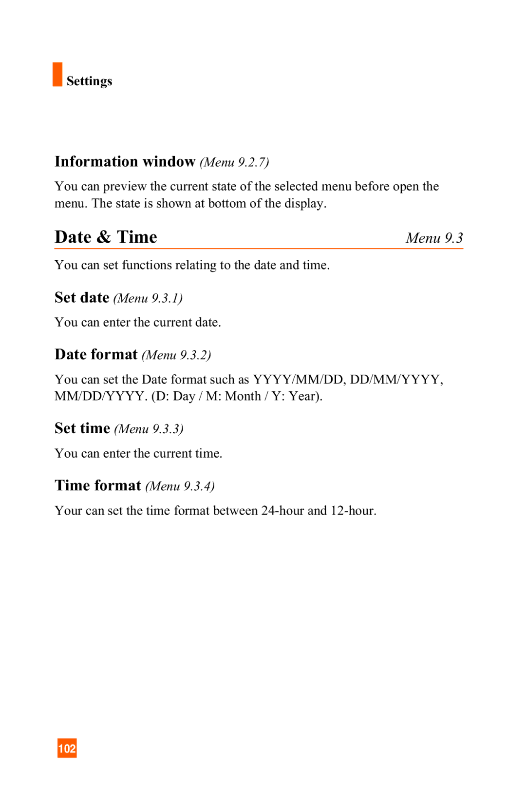 LG Electronics A7150 manual Date & Time, Information window Menu, Date format Menu, Time format Menu 