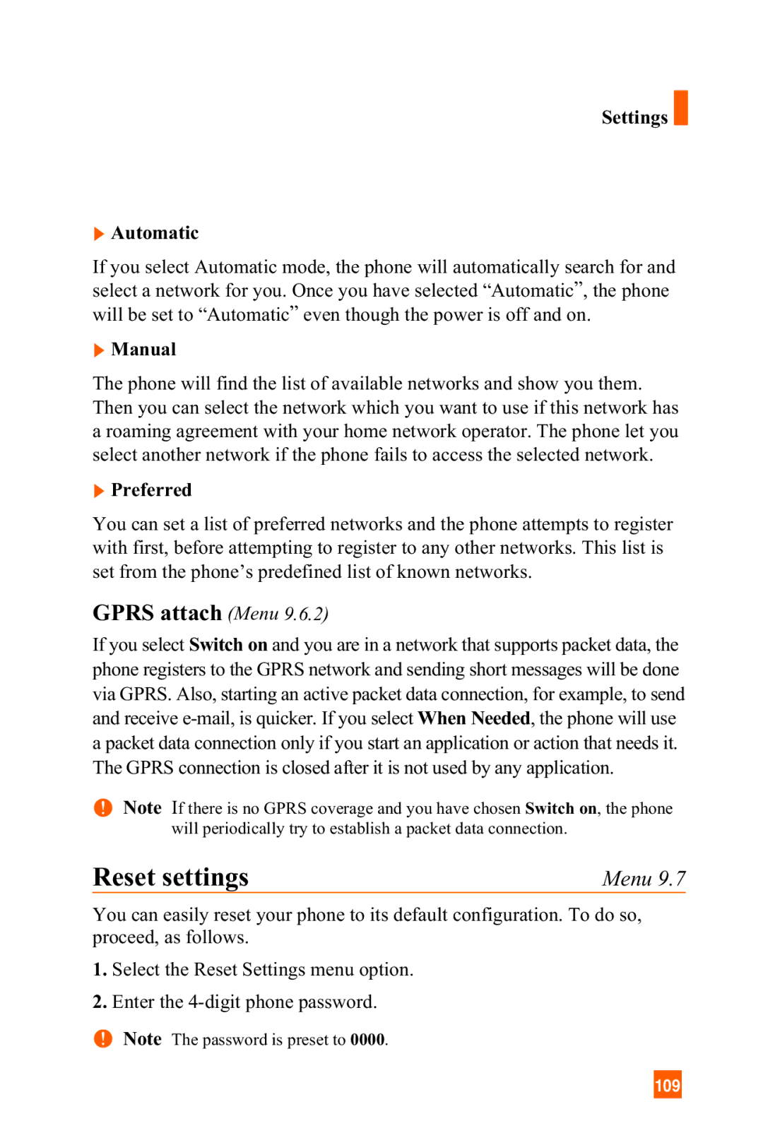 LG Electronics A7150 manual Reset settings, Gprs attach Menu, Settings Automatic, Manual, Preferred 