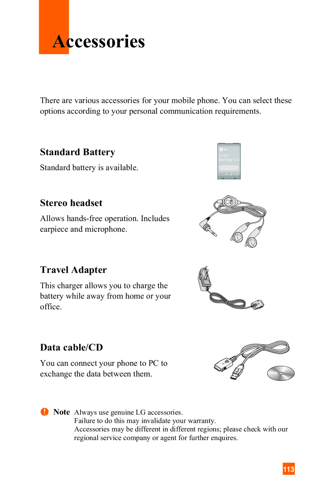 LG Electronics A7150 manual Accessories, Standard Battery, Stereo headset, Travel Adapter, Data cable/CD 