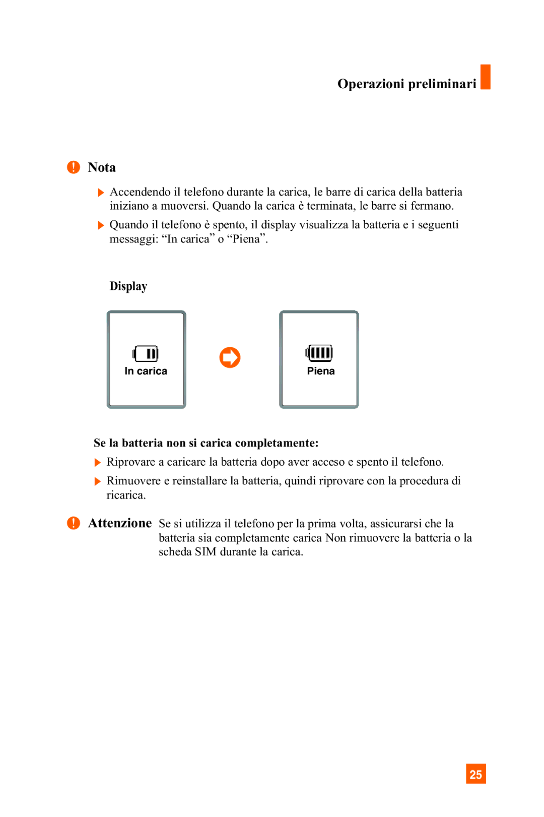 LG Electronics A7150 manual Operazioni preliminari Nota, Se la batteria non si carica completamente 