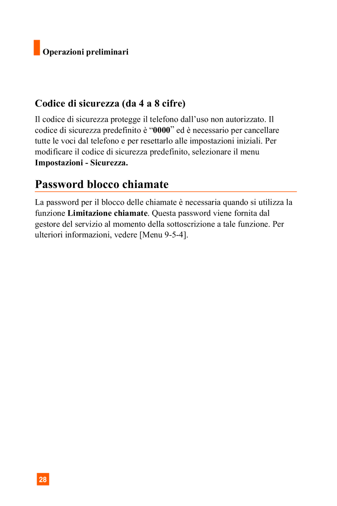 LG Electronics A7150 manual Password blocco chiamate, Codice di sicurezza da 4 a 8 cifre, Impostazioni Sicurezza 