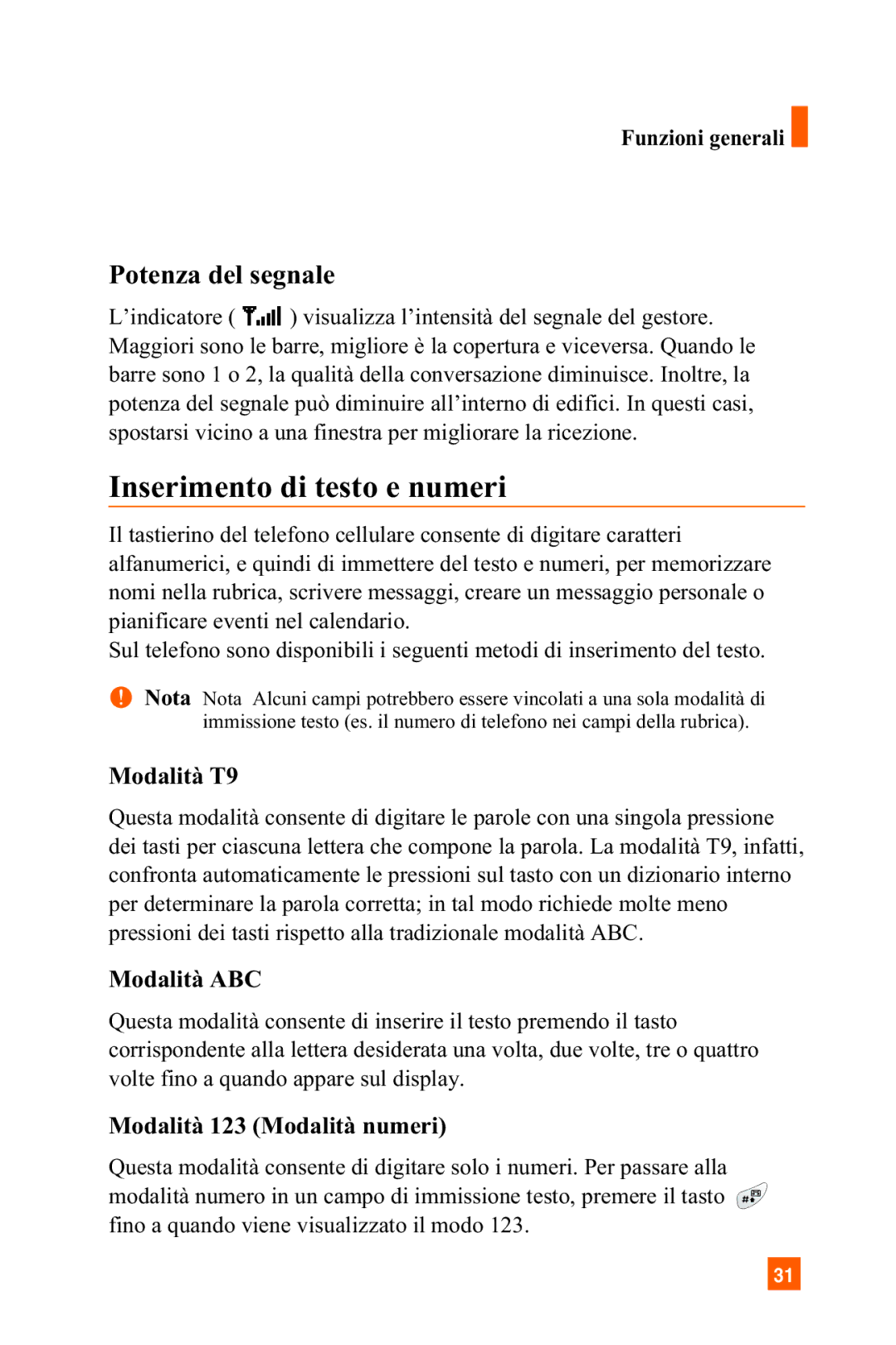 LG Electronics A7150 manual Inserimento di testo e numeri, Potenza del segnale, Modalità T9, Modalità ABC 