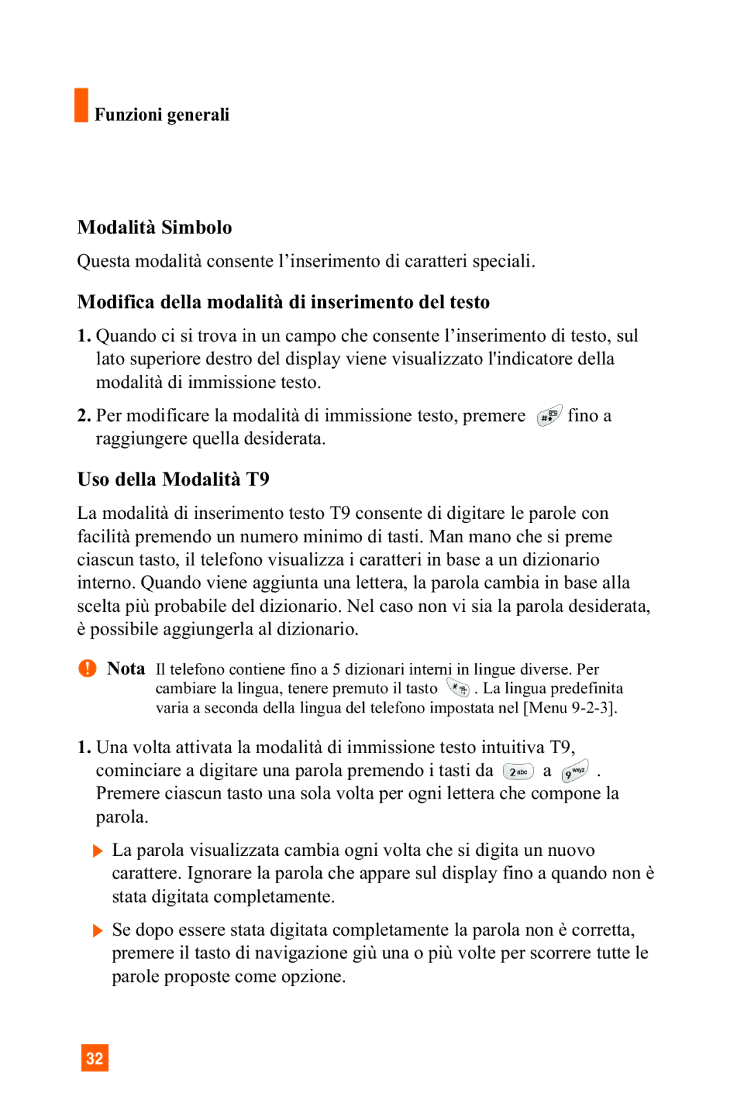 LG Electronics A7150 manual Funzioni generali Modalità Simbolo, Modifica della modalità di inserimento del testo 