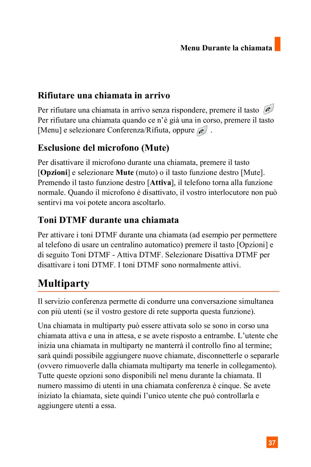 LG Electronics A7150 Multiparty, Rifiutare una chiamata in arrivo, Esclusione del microfono Mute, Menu Durante la chiamata 