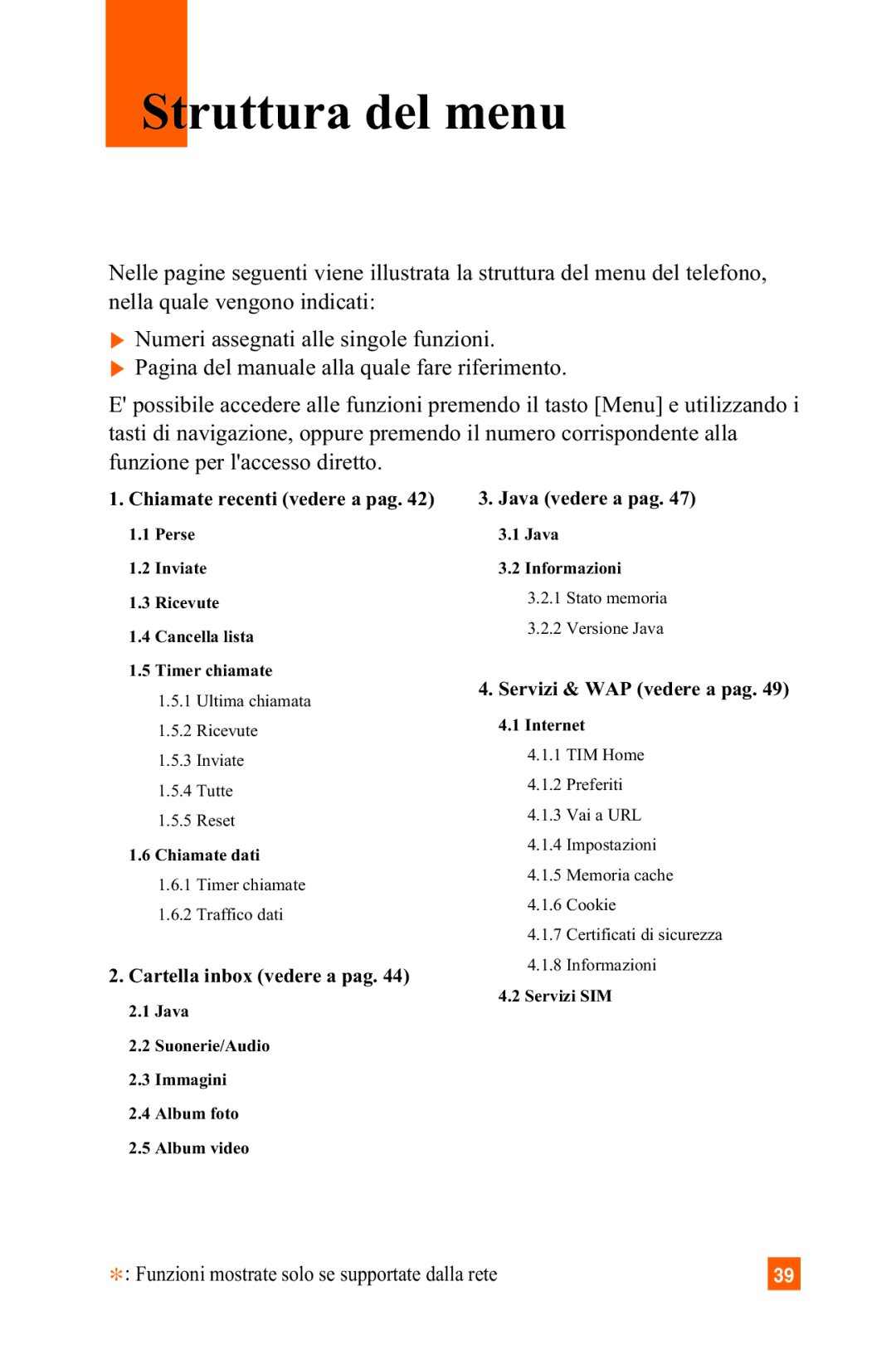 LG Electronics A7150 manual Struttura del menu, Chiamate recenti vedere a pag 