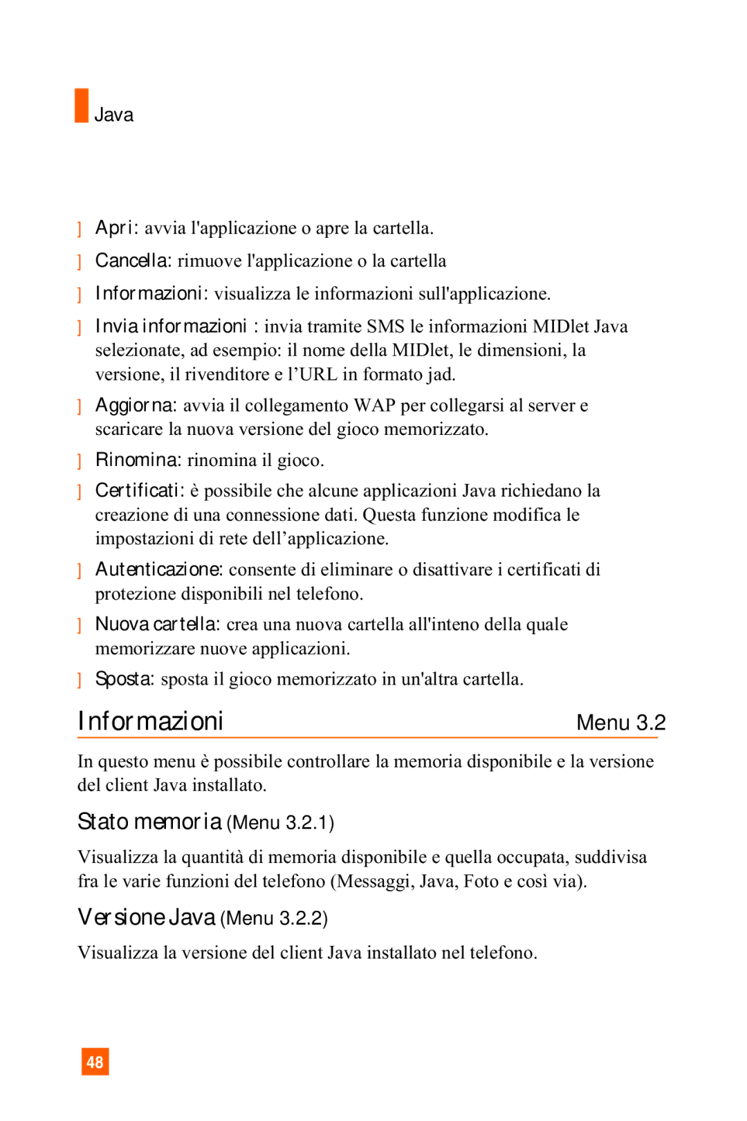 LG Electronics A7150 manual Informazioni, Stato memoria Menu, Versione Java Menu 