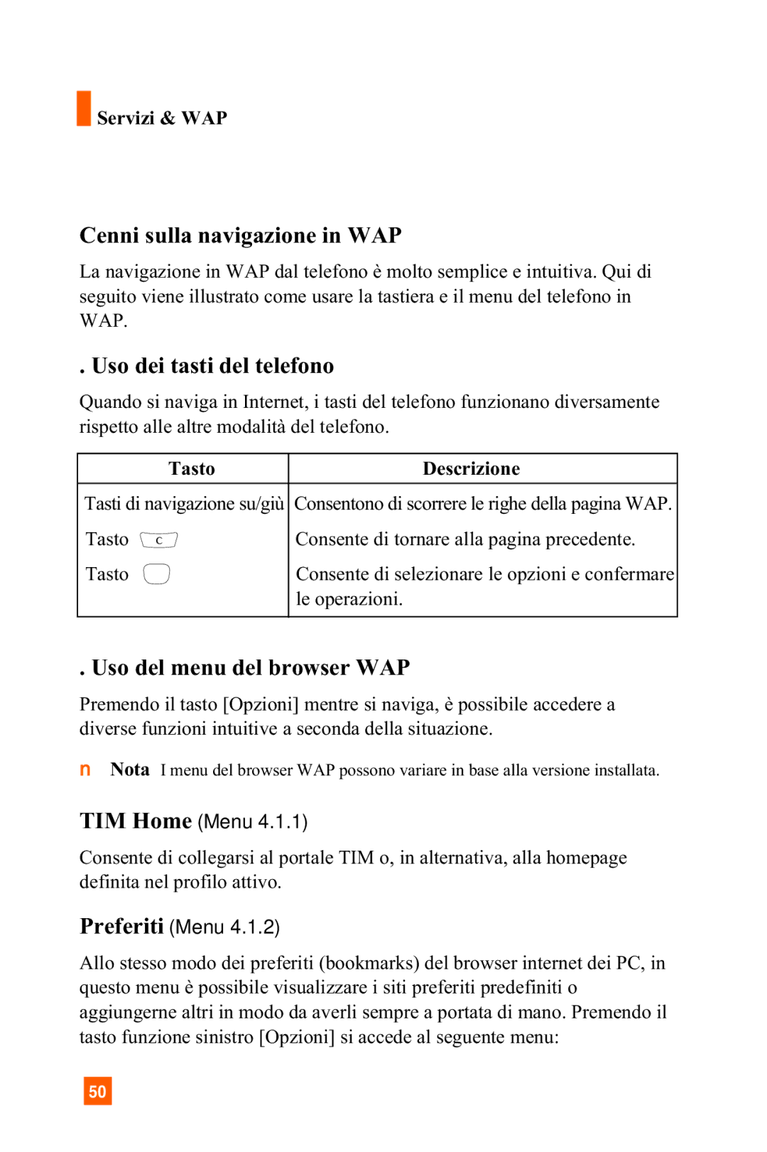 LG Electronics A7150 manual Cenni sulla navigazione in WAP, Uso dei tasti del telefono, Uso del menu del browser WAP 