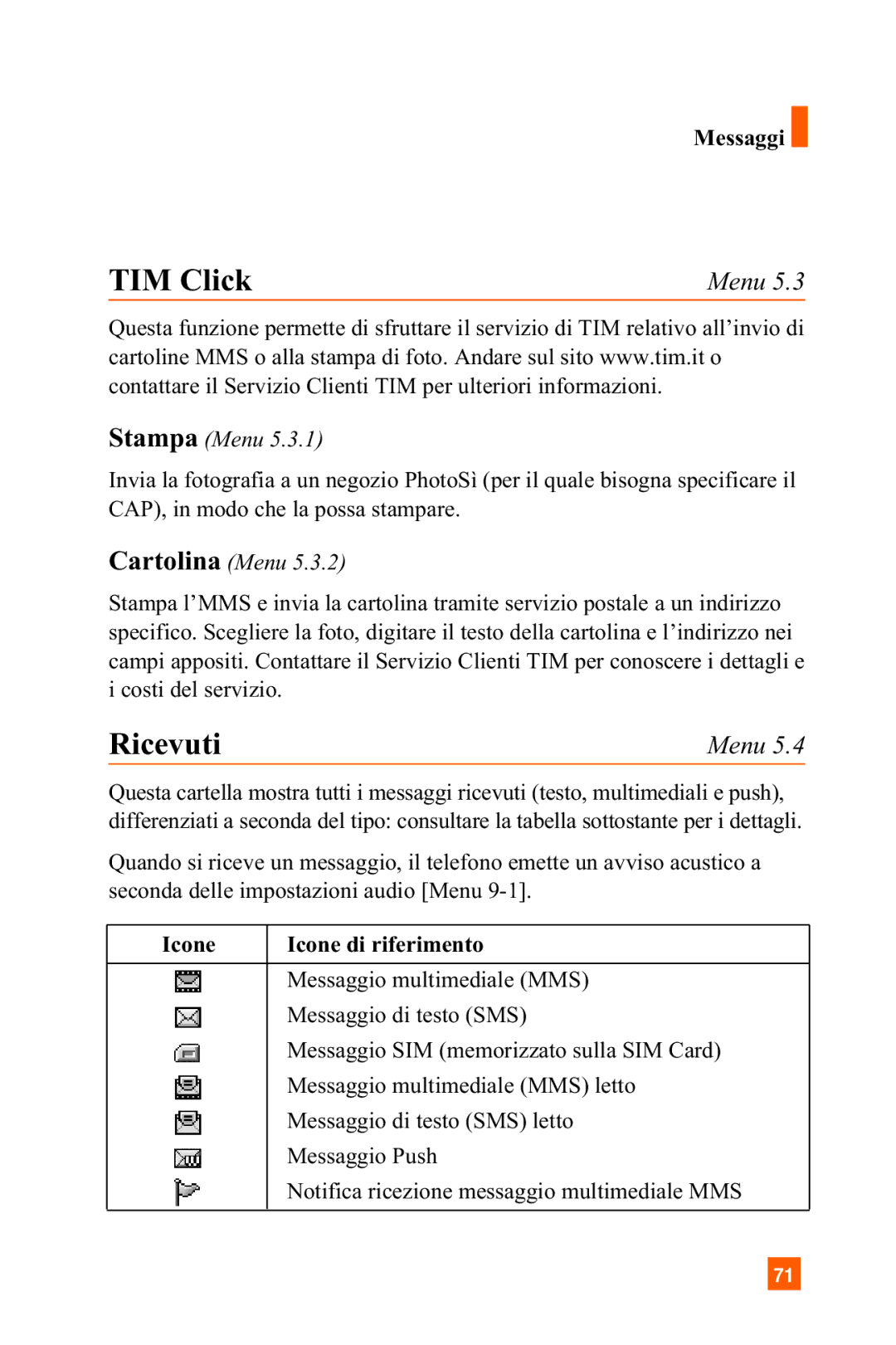 LG Electronics A7150 manual TIM Click, Ricevuti, Stampa Menu, Cartolina Menu, Icone Icone di riferimento 