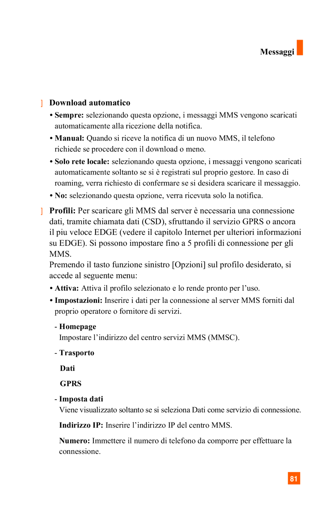 LG Electronics A7150 manual Messaggi Download automatico, Imposta dati 