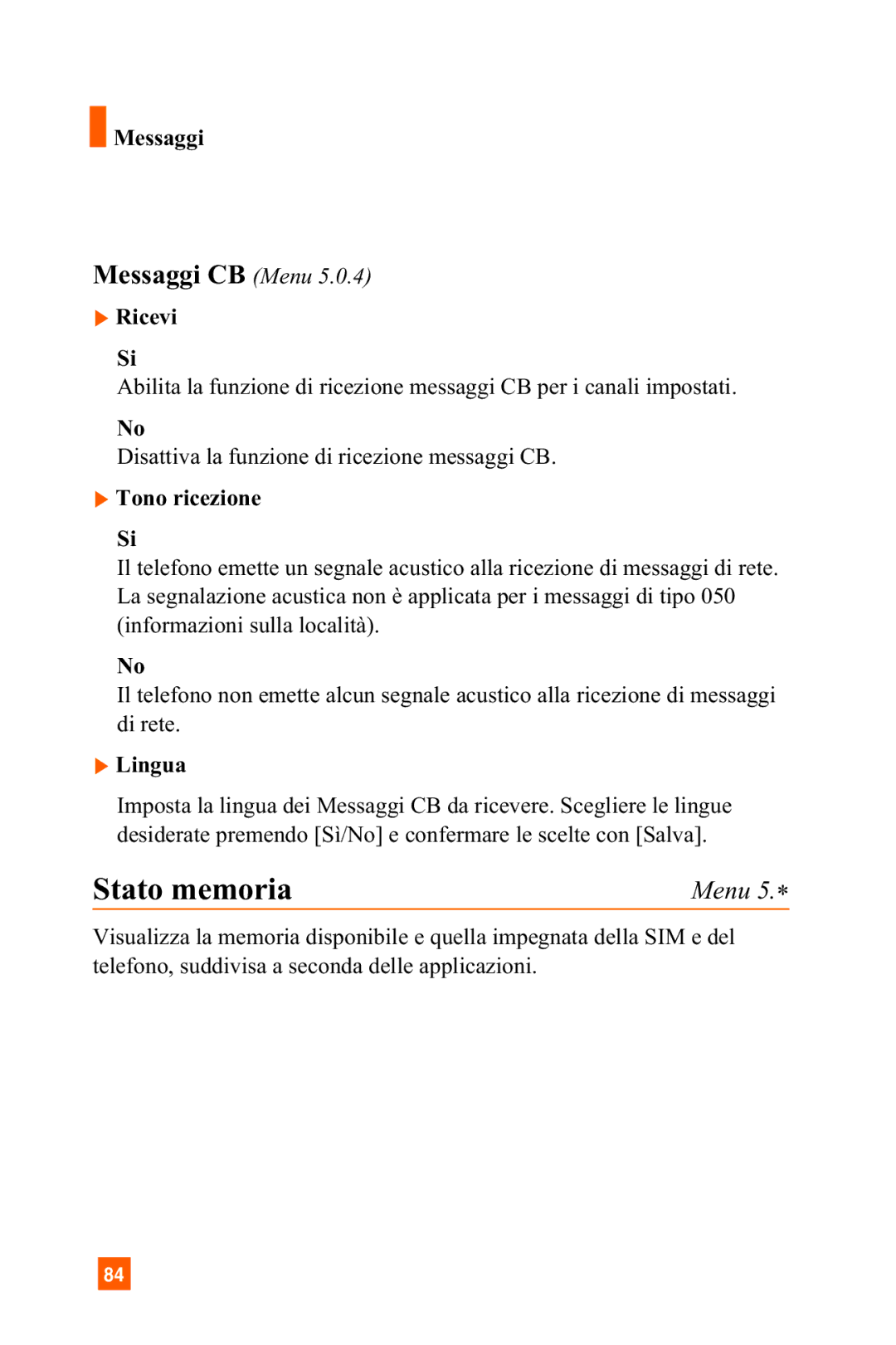 LG Electronics A7150 manual Stato memoria, Messaggi CB Menu, Ricevi, Tono ricezione, Lingua 