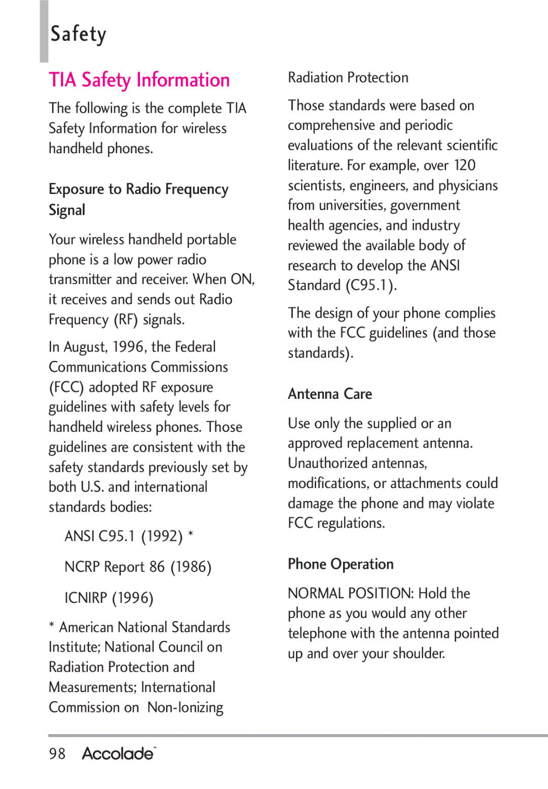 LG Electronics Accolade TIA Safety Information, Exposure to Radio Frequency Signal, Antenna Care, Phone Operation 