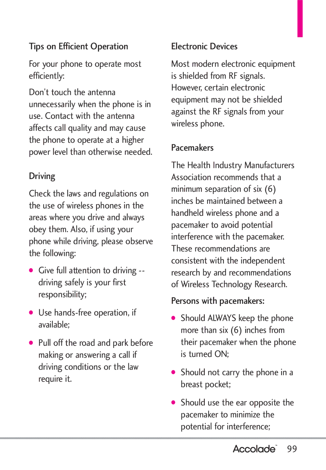 LG Electronics Accolade Tips on Efficient Operation, Driving, Electronic Devices, Pacemakers, Persons with pacemakers 