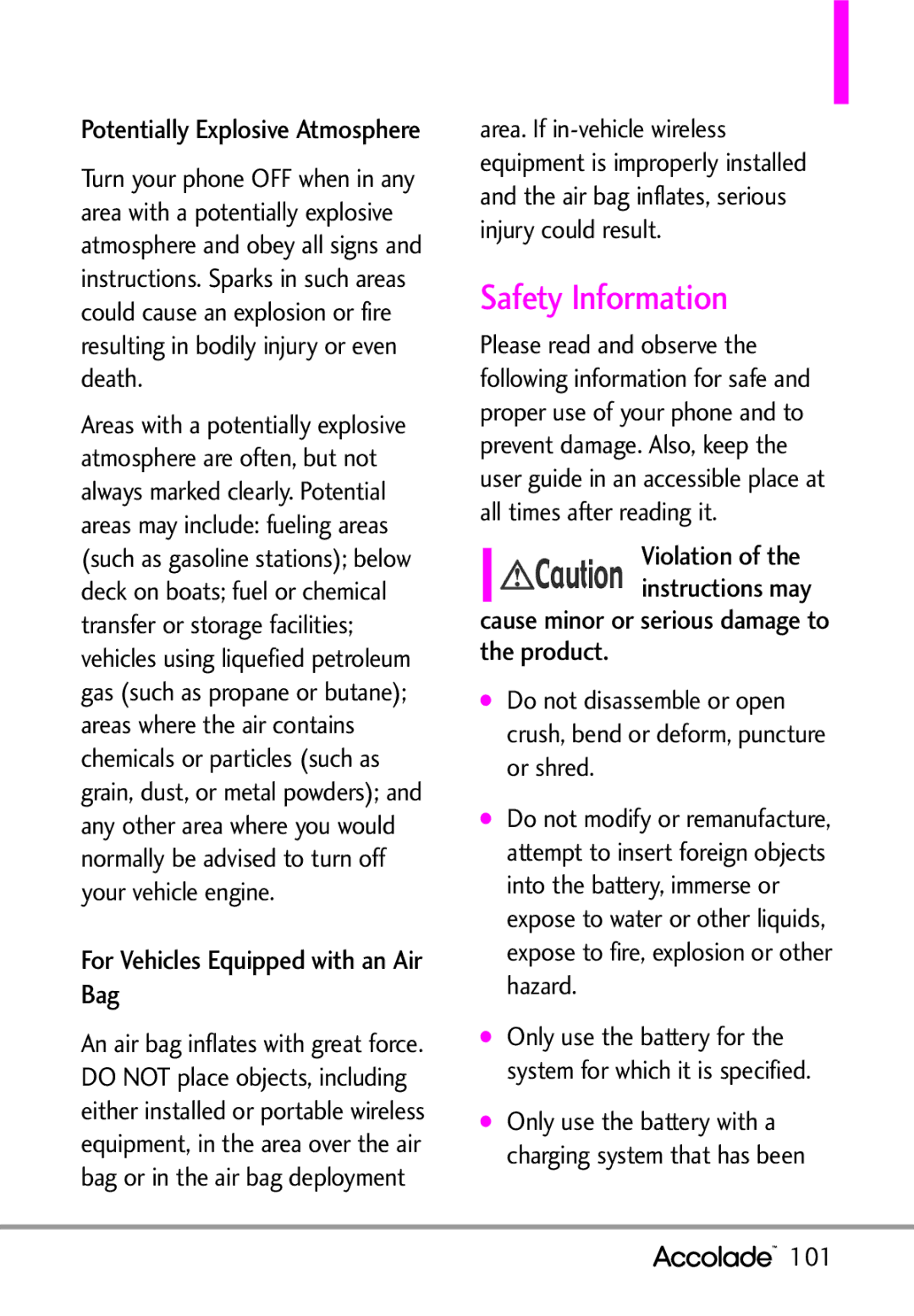 LG Electronics Accolade Safety Information, For Vehicles Equipped with an Air Bag, Potentially Explosive Atmosphere, 101 