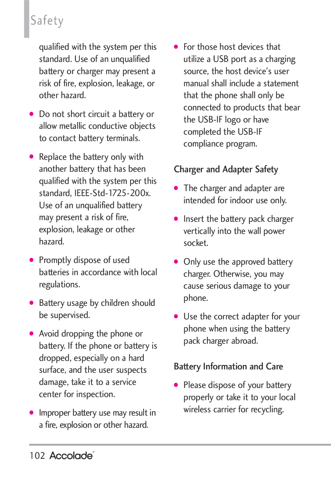 LG Electronics Accolade manual Charger and Adapter Safety, Battery Information and Care, 102 