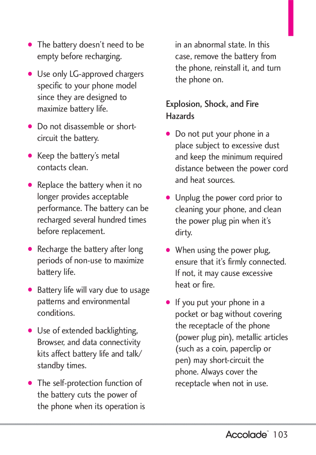 LG Electronics Accolade manual Explosion, Shock, and Fire Hazards, 103 