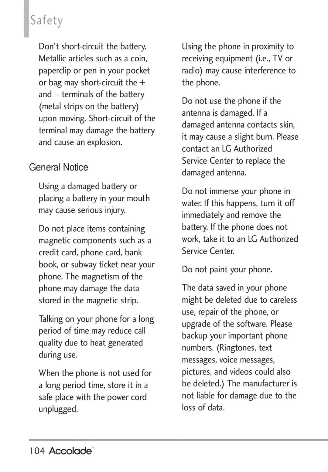 LG Electronics Accolade manual General Notice, Do not paint your phone, 104 