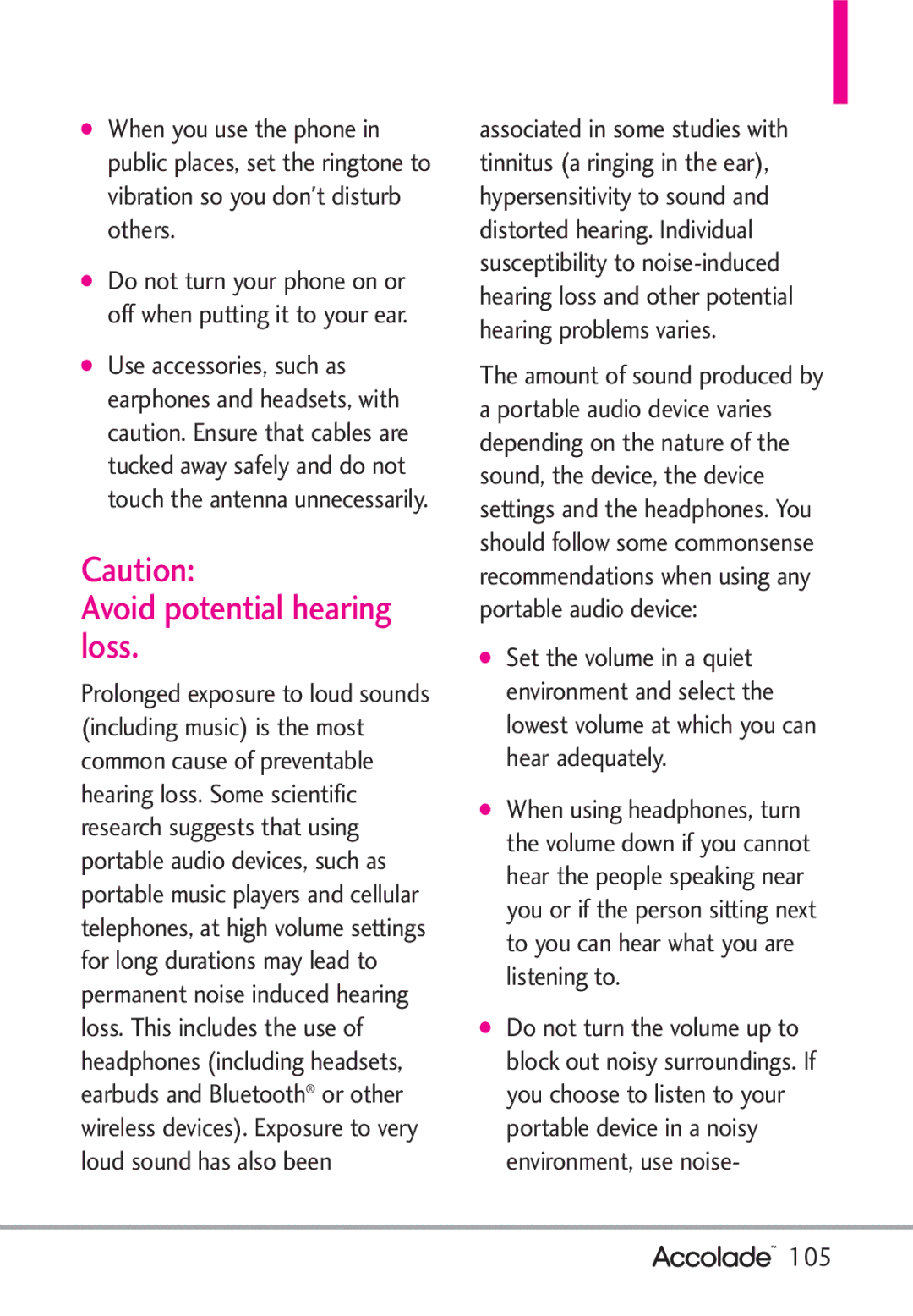 LG Electronics Accolade manual Avoid potential hearing loss, 105 