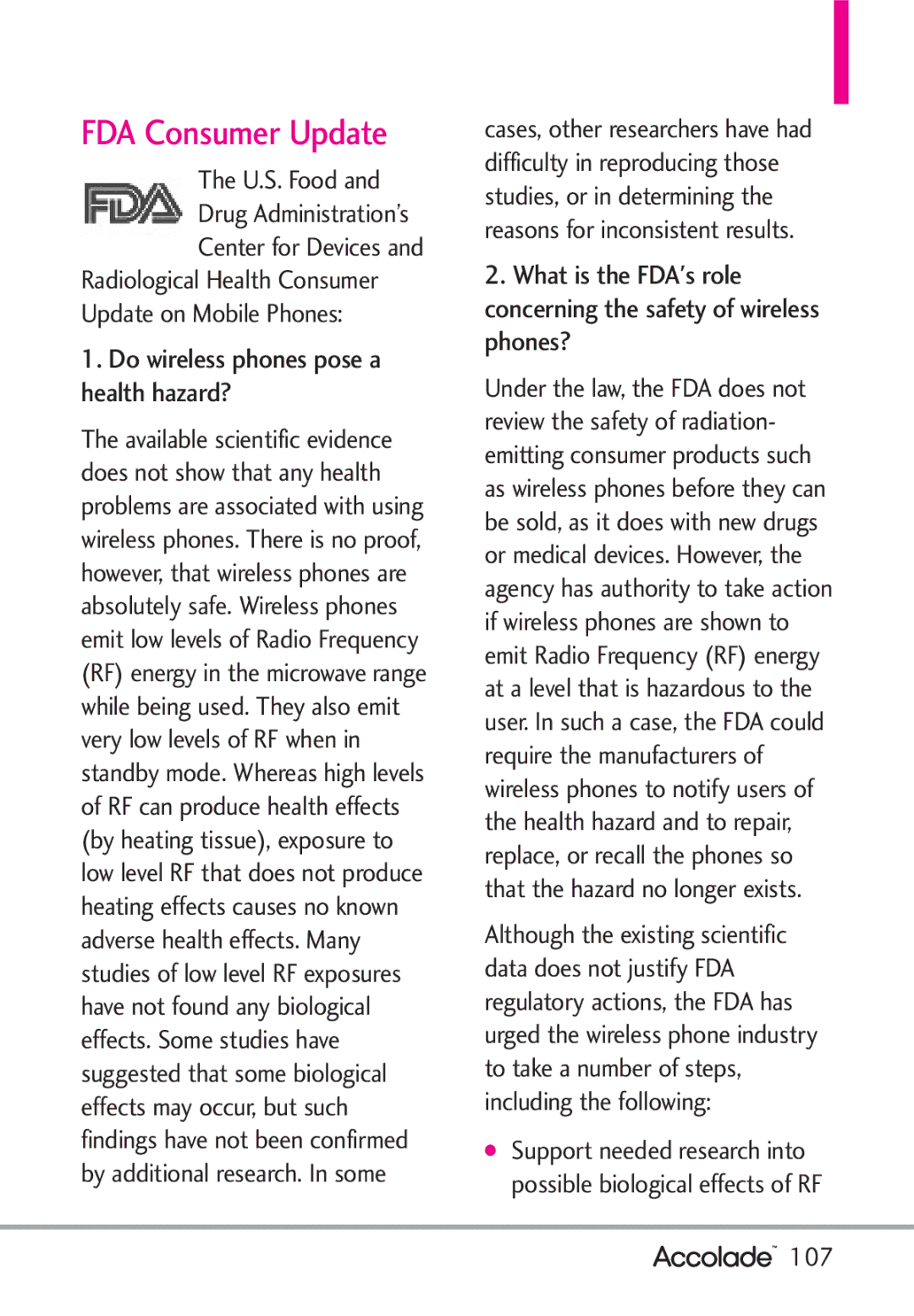 LG Electronics Accolade manual FDA Consumer Update, Do wireless phones pose a health hazard?, 107 