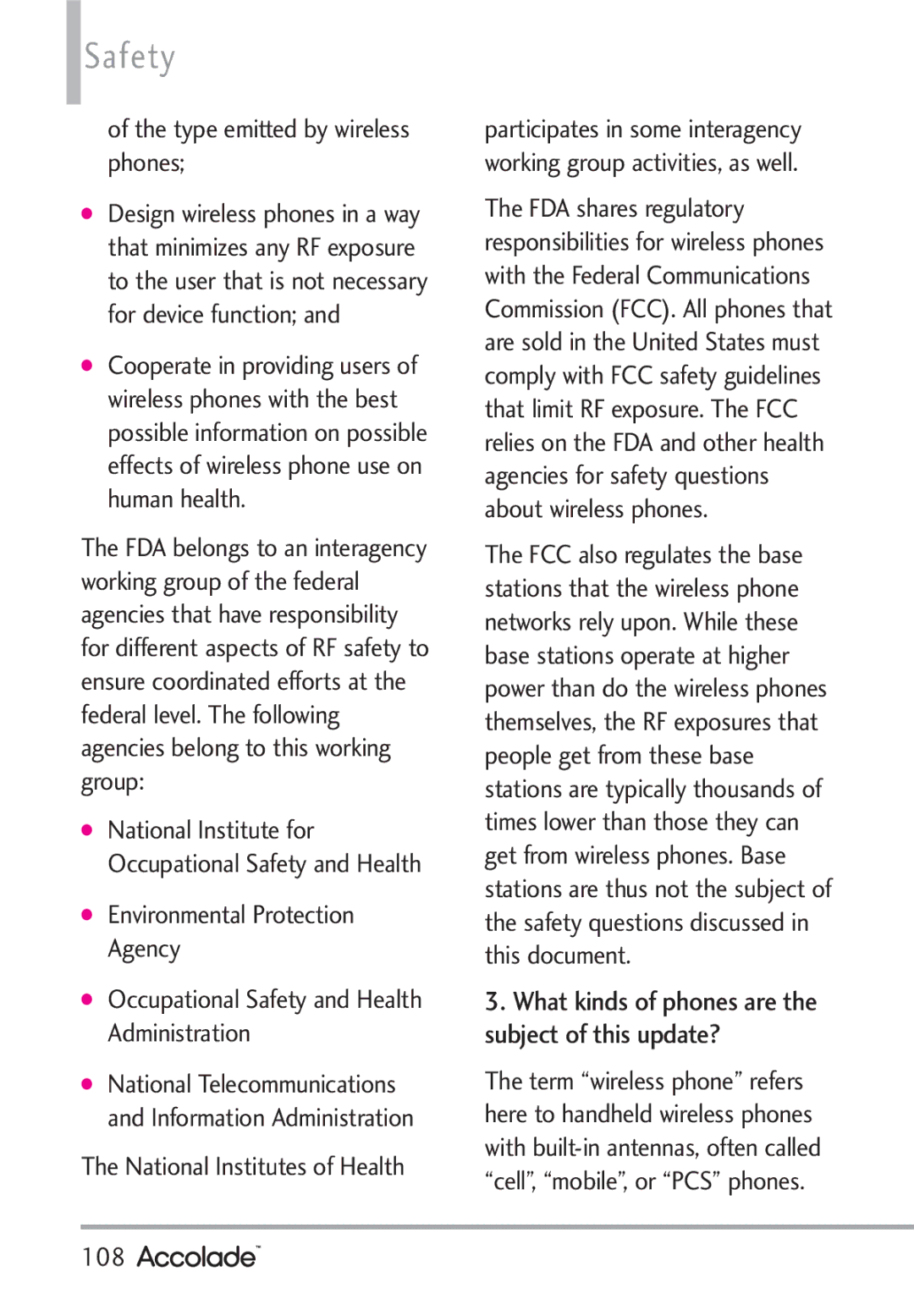 LG Electronics Accolade manual Type emitted by wireless phones, National Institutes of Health, 108 