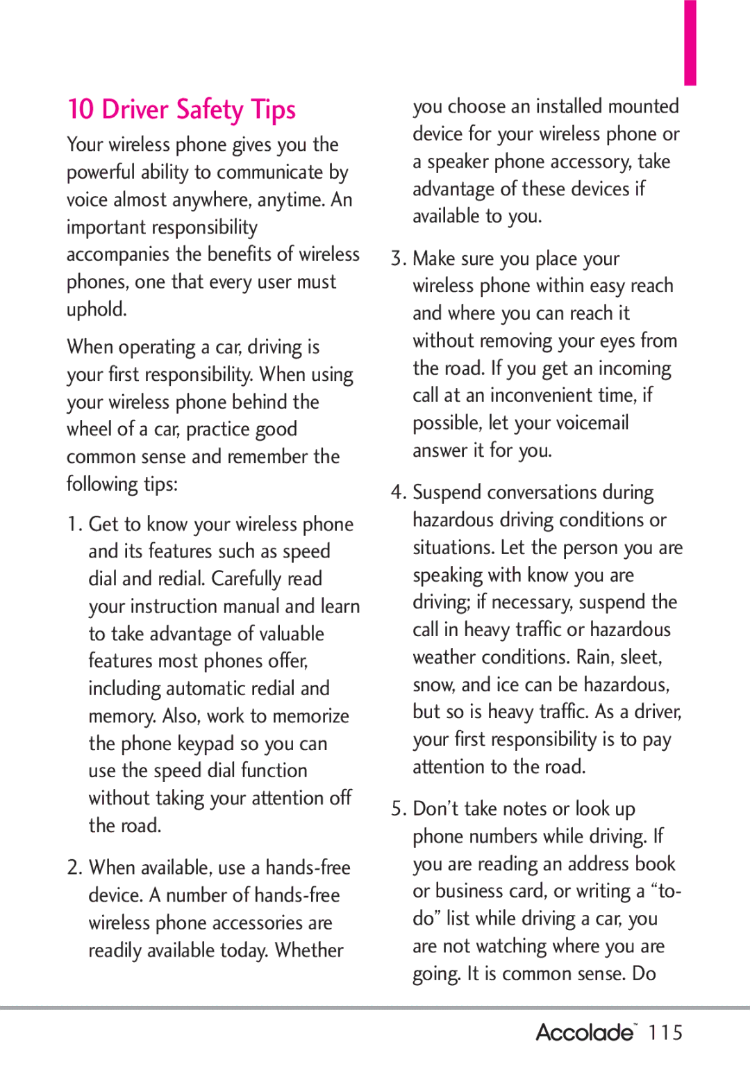 LG Electronics Accolade manual Driver Safety Tips, 115 