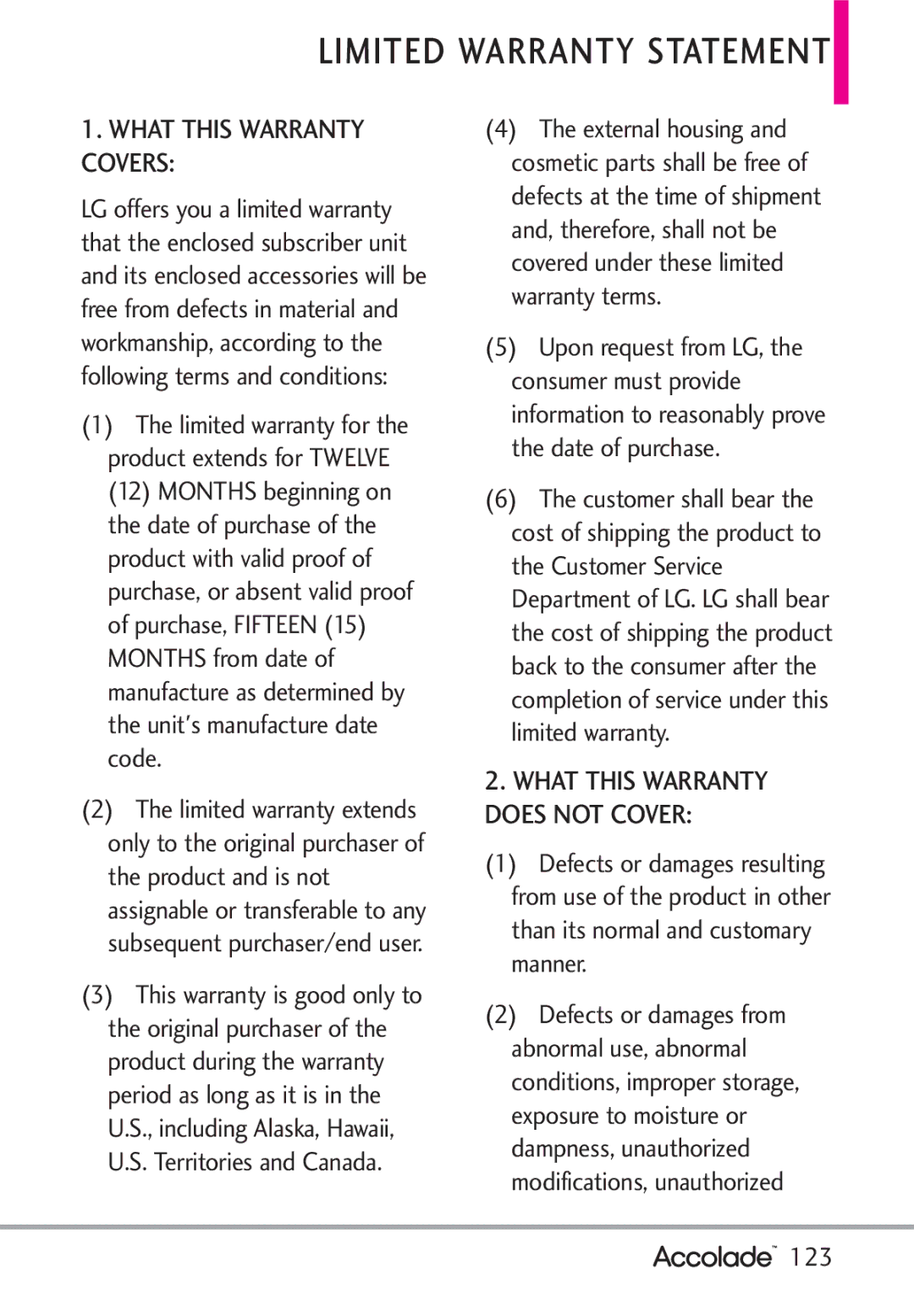 LG Electronics Accolade manual Limited Warranty Statement, 123 