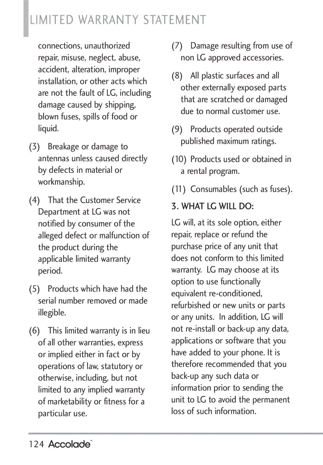 LG Electronics Accolade manual Consumables such as fuses, 124 