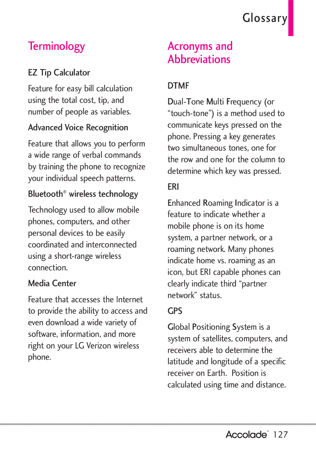 LG Electronics Accolade manual Glossary, Terminology, Acronyms Abbreviations 