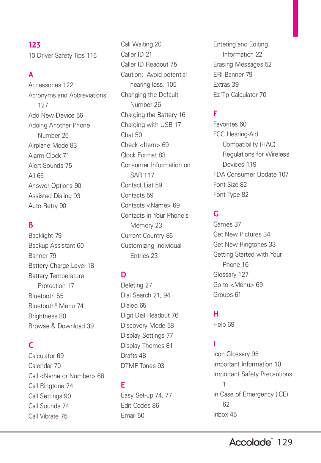 LG Electronics Accolade manual 129, 123 