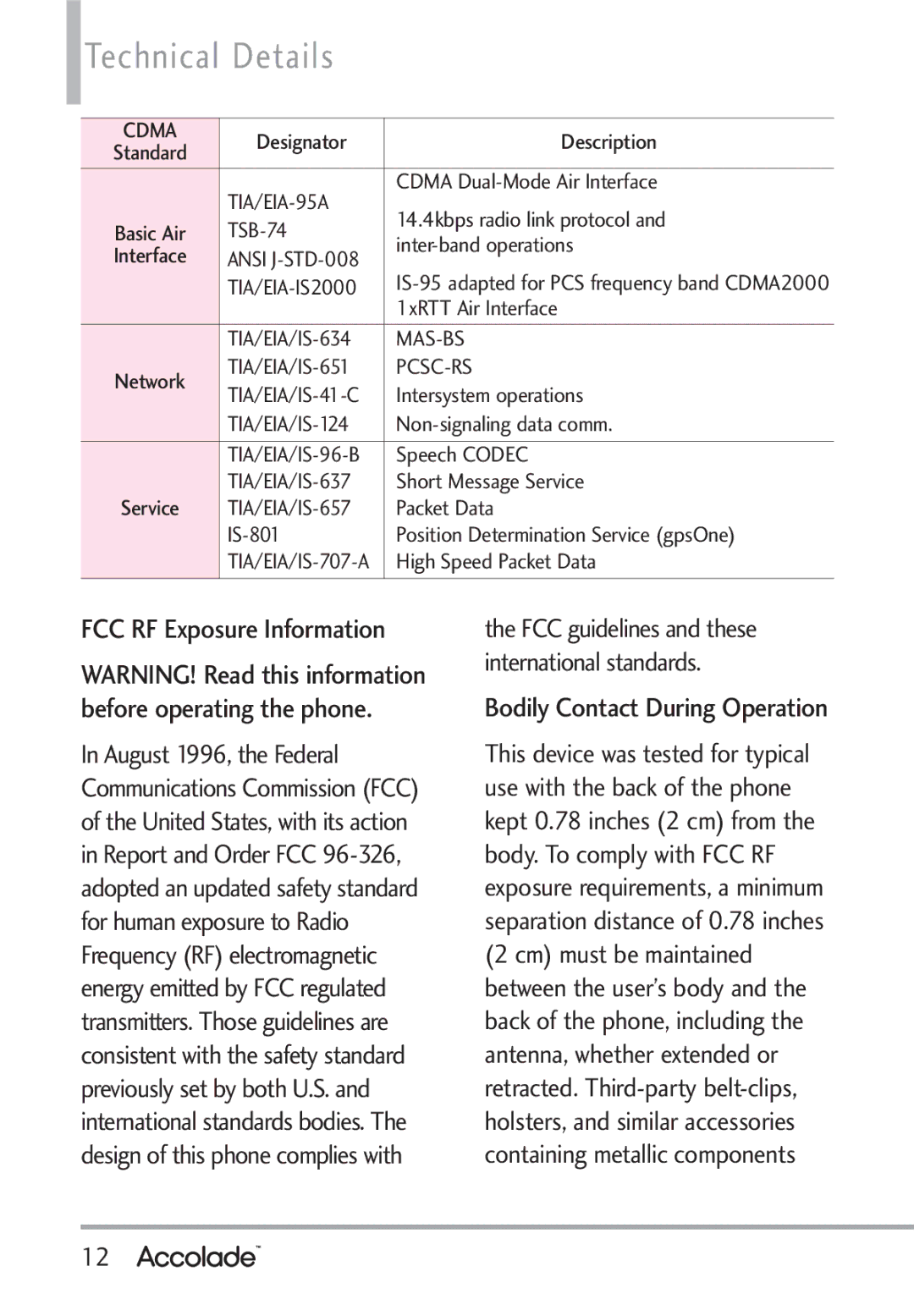 LG Electronics Accolade manual Technical Details, FCC RF Exposure Information, Bodily Contact During Operation 