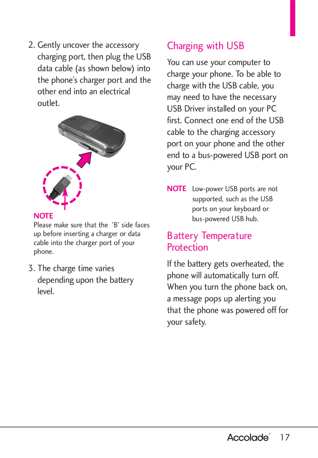 LG Electronics Accolade manual Charging with USB, Battery Temperature Protection 