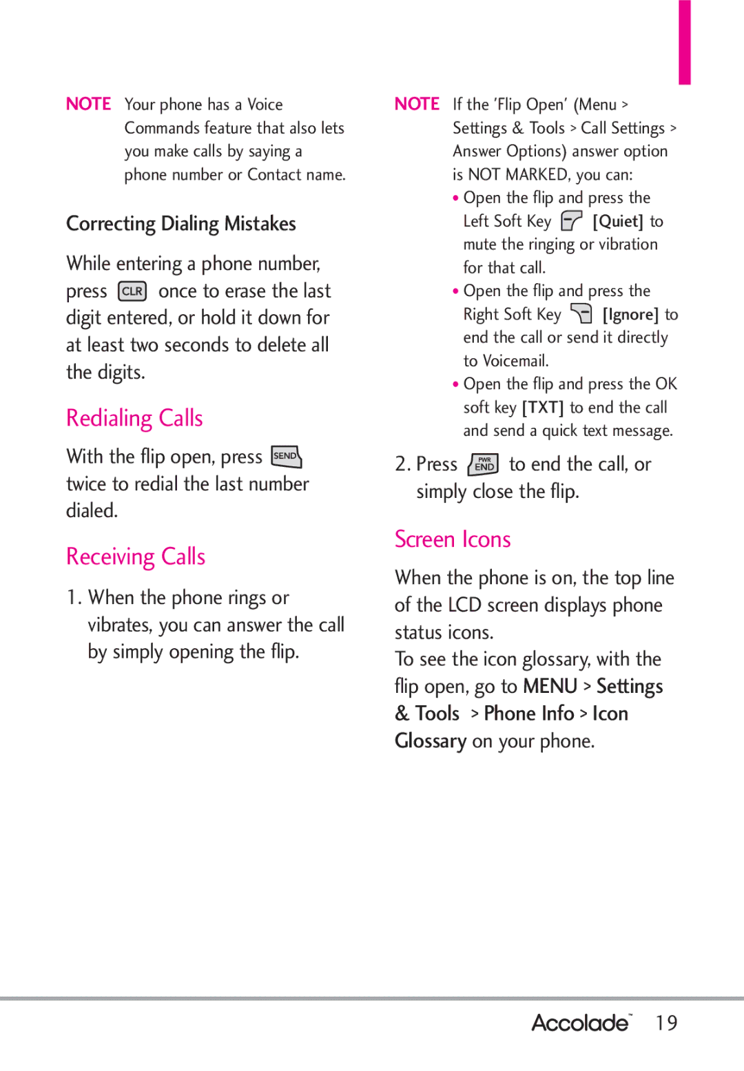 LG Electronics Accolade manual Redialing Calls, Receiving Calls, Screen Icons, Correcting Dialing Mistakes 