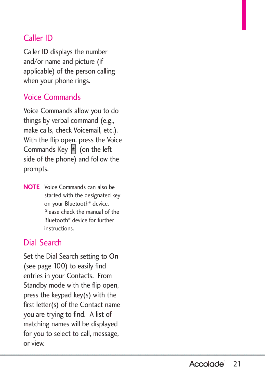 LG Electronics Accolade manual Caller ID, Voice Commands, Dial Search 