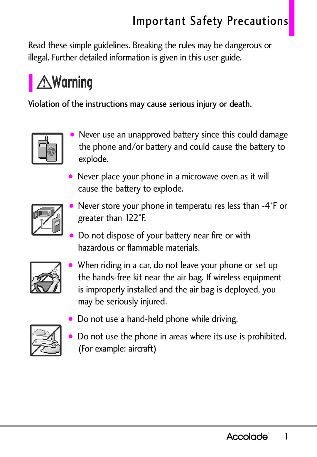 LG Electronics Accolade manual Important Safety Precautions, Greater than 122F 